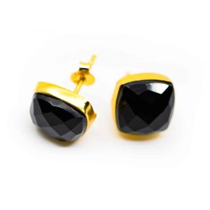 Gemstone Stud Earrings Black Onyx - 925 Silver & Gold-plated