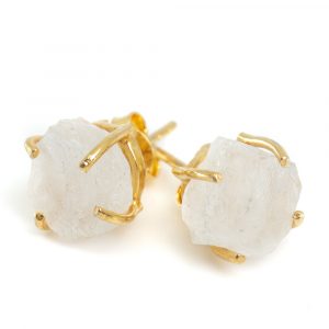 Gemstone Stud Earrings Raw Rainbow Moonstone - 925 Silver - Gold Plated