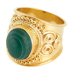 Gemstone Ring Malachite 925 Silver - Gold Plated "Mesa" (Size 17)