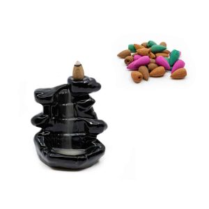 Backflow Incense Burner Black Waterfall with Budget Cones - Bundle